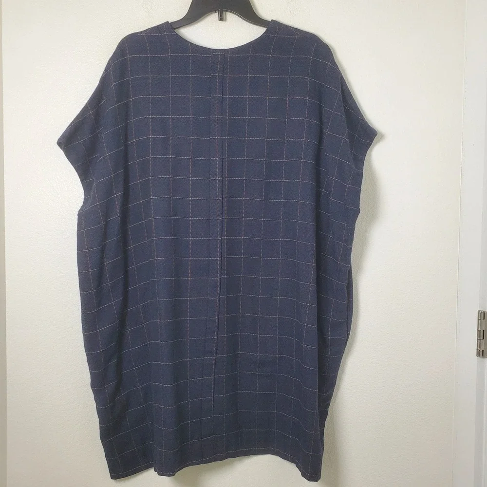 SBJ Austin Mary Dress Tunic Navy Blue Plaid Cotton Oversized Square V-Neck OS‎